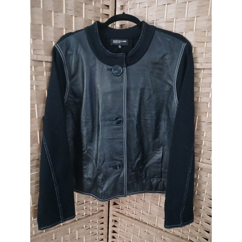 Jones New York Black Mixed Media Knit Leather Cardigan Jacket Sz XL Business